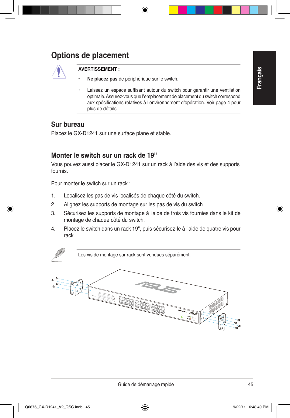 Options de placement, Monter le switch sur un rack de 19, Sur bureau | Asus GX-D1241 V2 User Manual | Page 46 / 48
