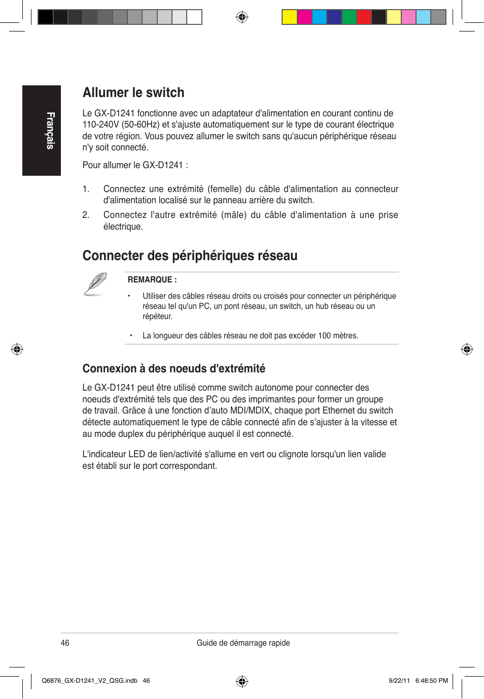Connecter des périphériques réseau, Allumer le switch, Connexion à des noeuds d'extrémité | Asus GX-D1241 V2 User Manual | Page 47 / 48