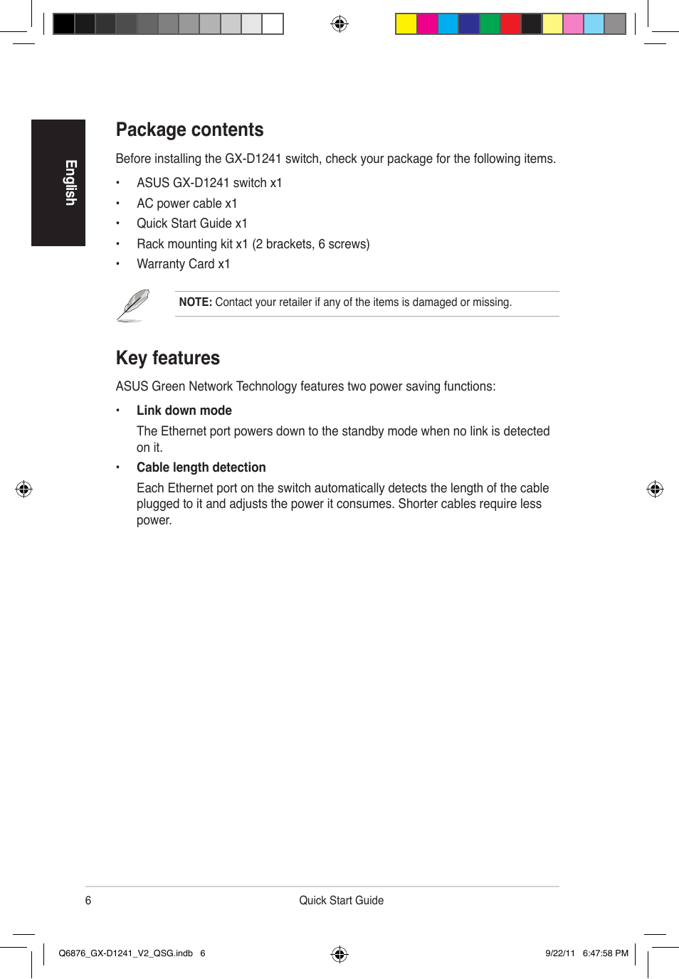 Key features, Package contents | Asus GX-D1241 V2 User Manual | Page 7 / 48