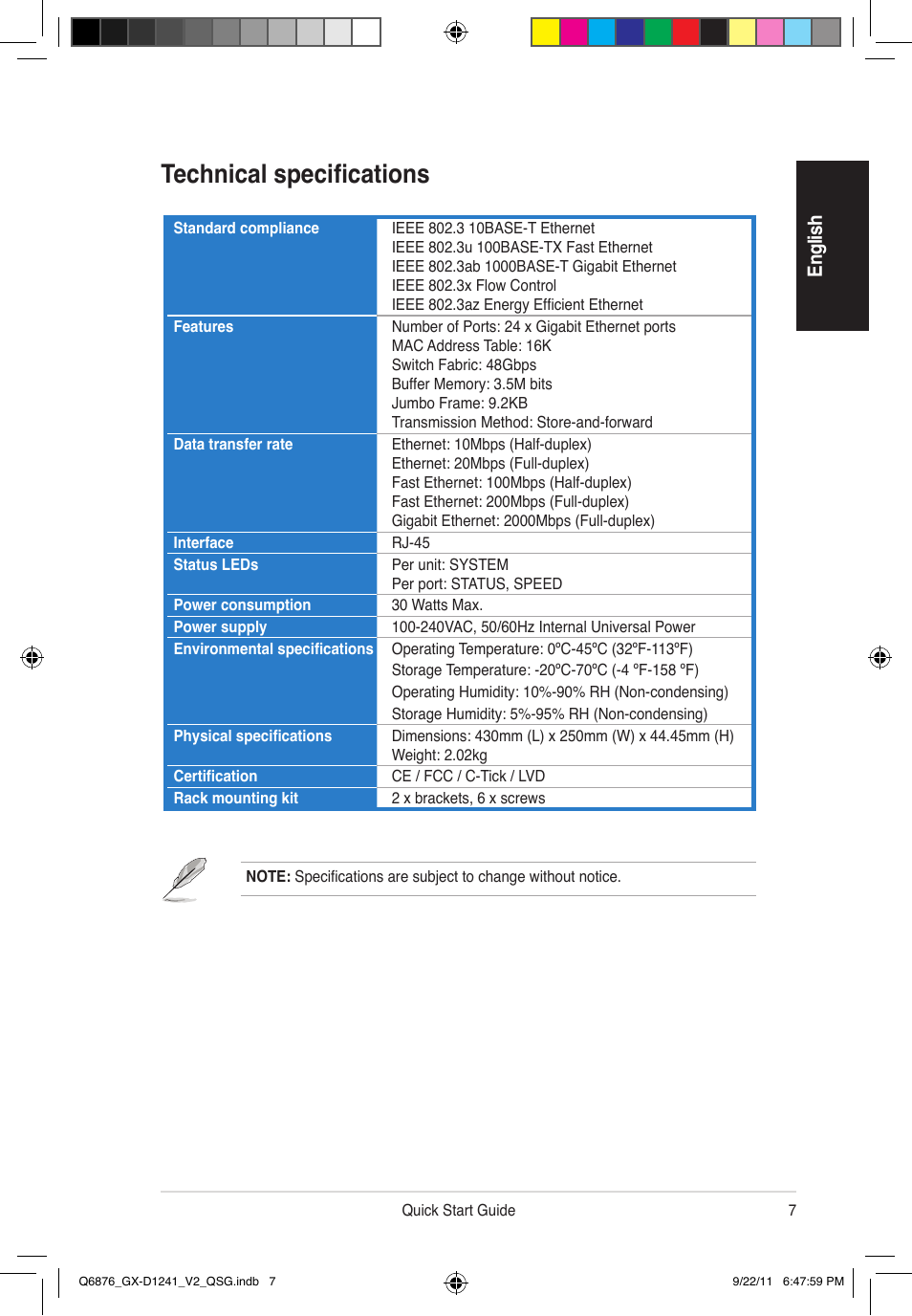 Technical specifications, En gl ish | Asus GX-D1241 V2 User Manual | Page 8 / 48