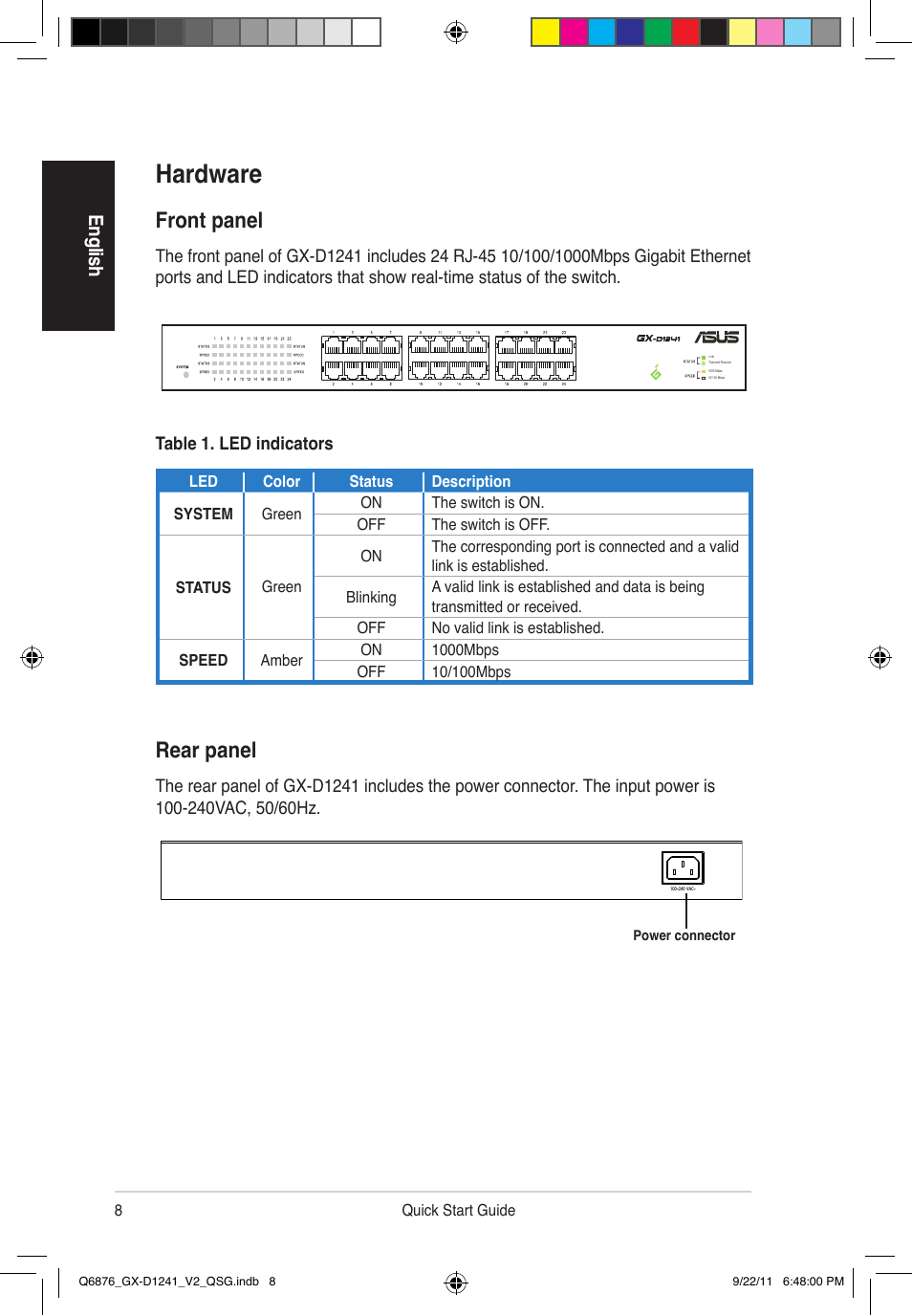 Hardware, Rear panel, Front panel | En glis h | Asus GX-D1241 V2 User Manual | Page 9 / 48