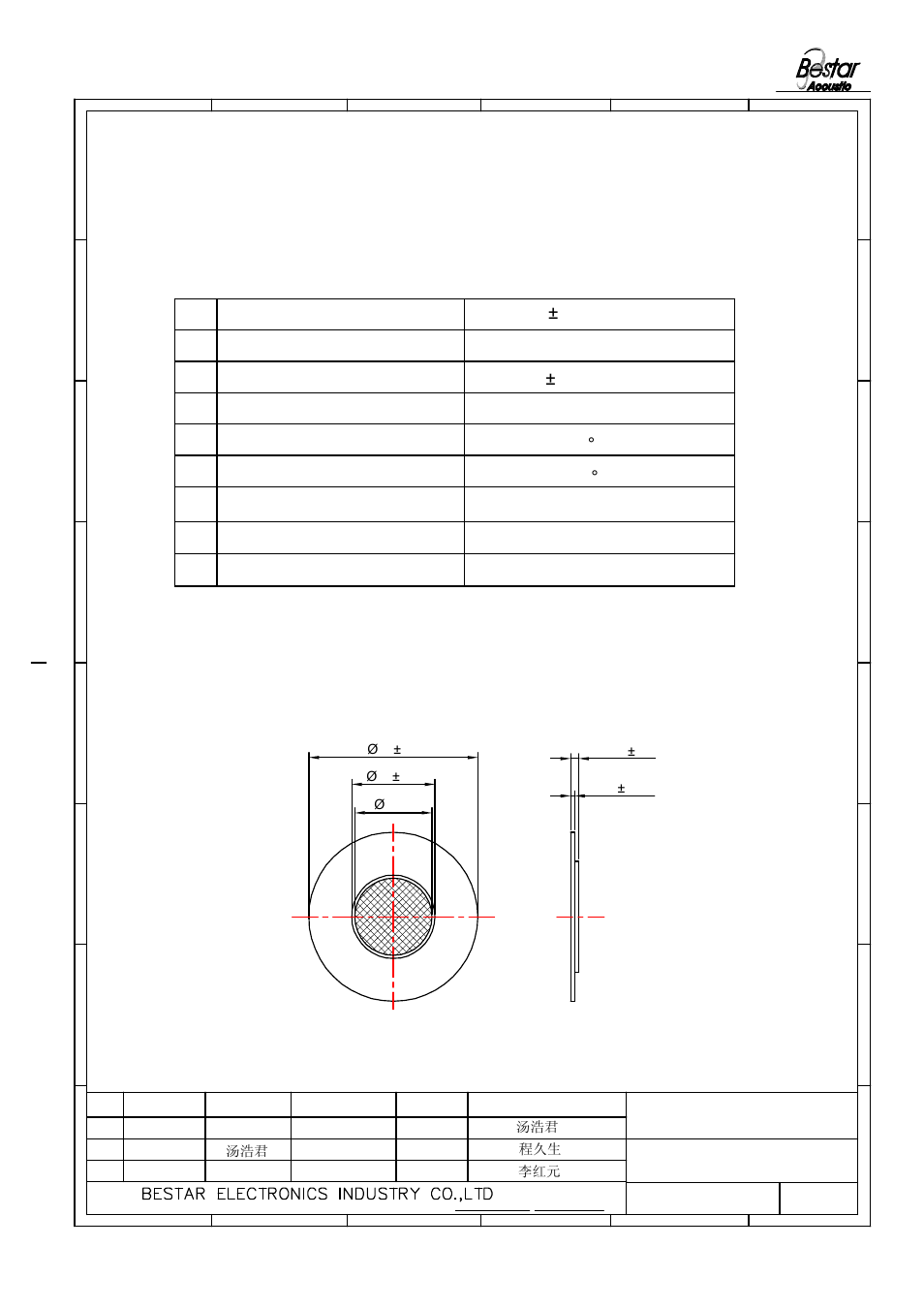 Electrical characteristics, Drawing, 李红元 程久生 汤浩君 | Piezo ceramic element | BeStar FT-50T-1.0A1 User Manual | Page 2 / 5