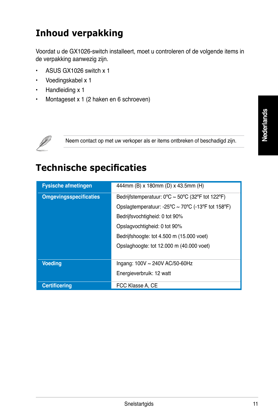 Inhoud verpakking, Technische specificaties | Asus GX1026 User Manual | Page 12 / 73