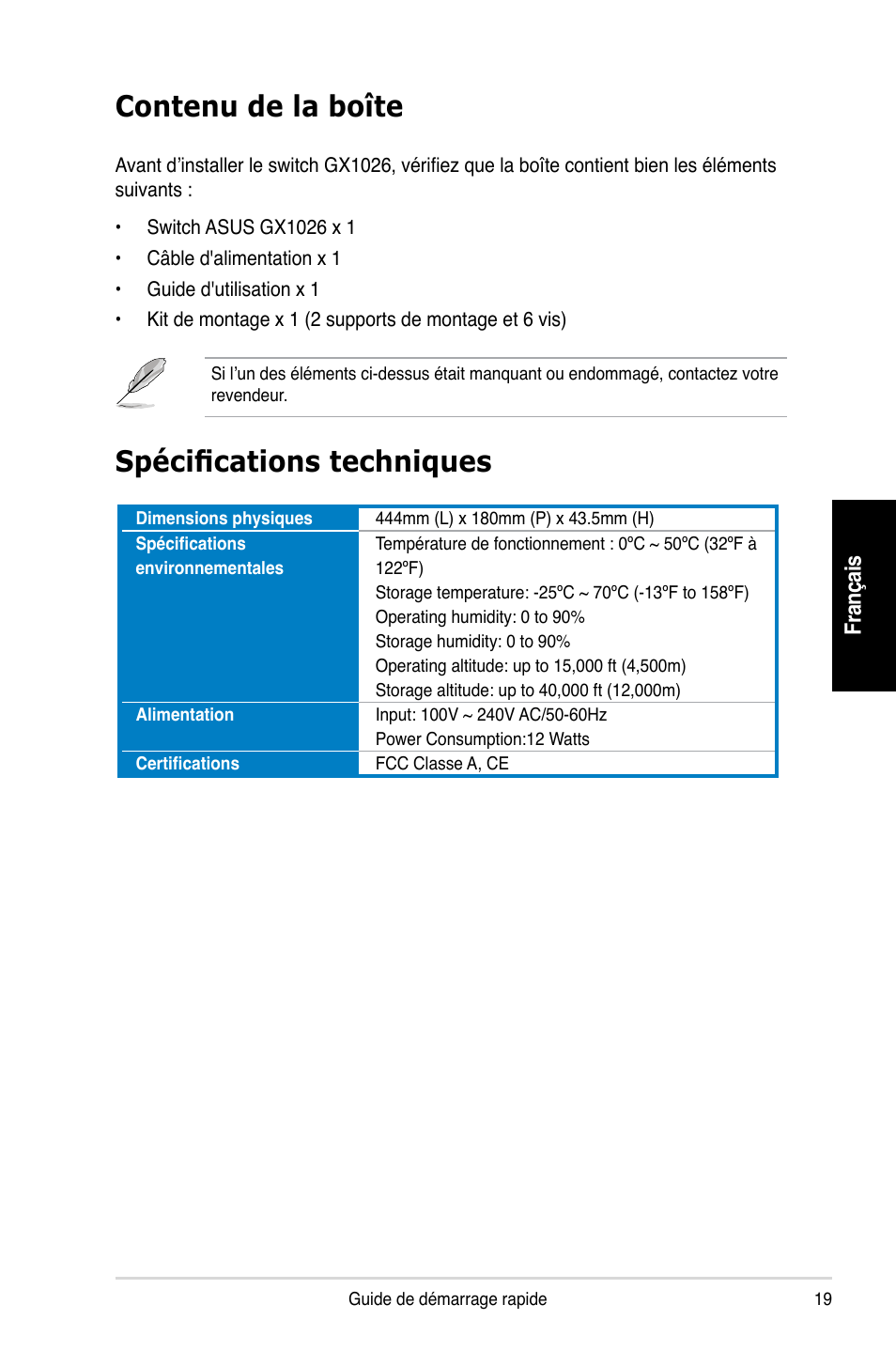 Contenu de la boîte, Spécifications techniques | Asus GX1026 User Manual | Page 20 / 73