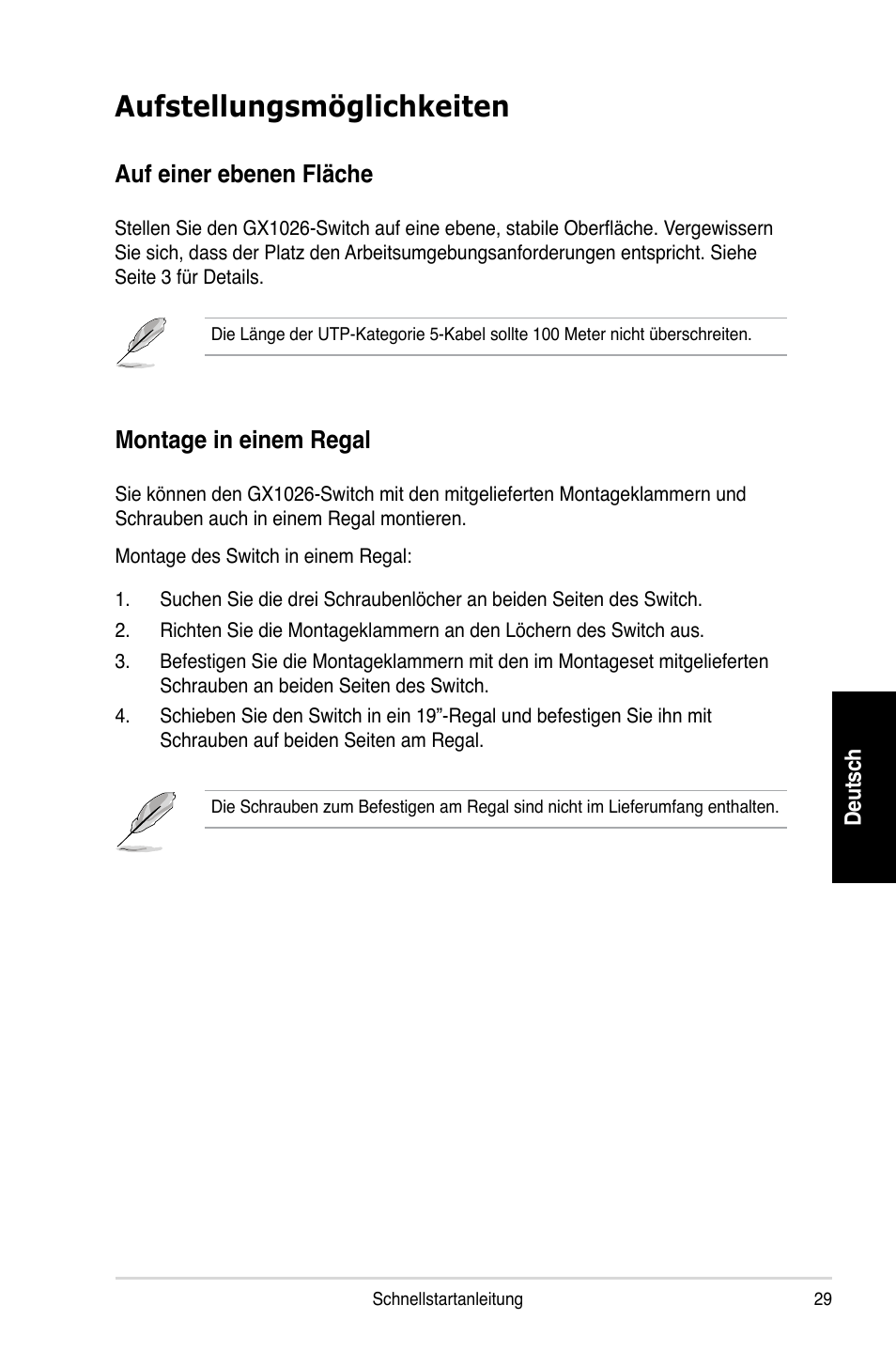 Aufstellungsmöglichkeiten, Auf einer ebenen fläche, Montage in einem regal | Asus GX1026 User Manual | Page 30 / 73