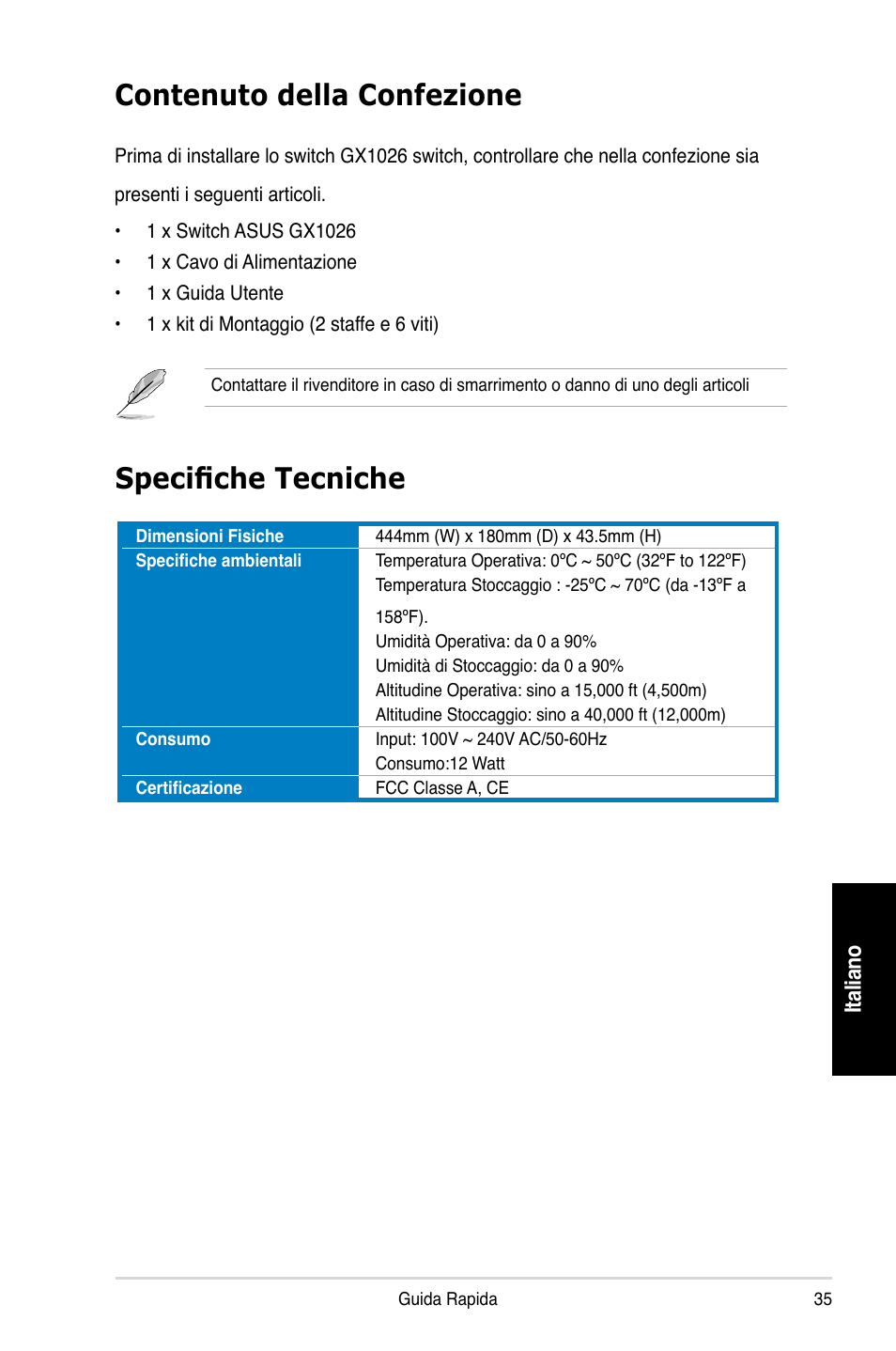 Contenuto della confezione, Specifiche tecniche | Asus GX1026 User Manual | Page 36 / 73