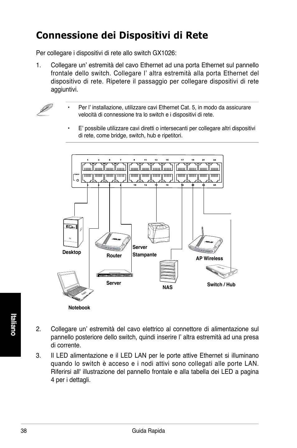 Connessione dei dispositivi di rete, Ita lian o | Asus GX1026 User Manual | Page 39 / 73