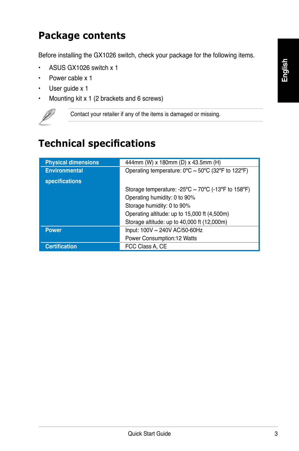 Package contents, Technical specifications | Asus GX1026 User Manual | Page 4 / 73