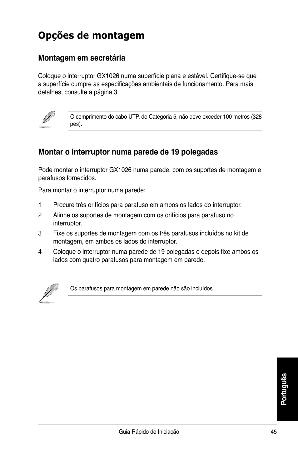 Opções de montagem, Montagem em secretária, Montar o interruptor numa parede de 19 polegadas | Asus GX1026 User Manual | Page 46 / 73