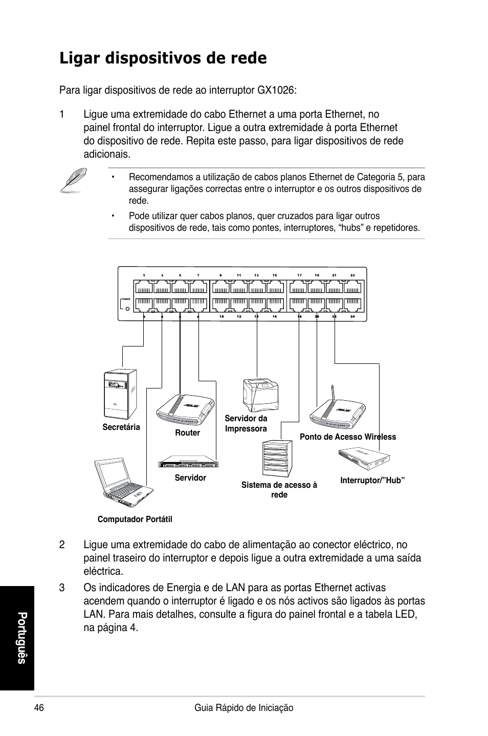 Ligar dispositivos de rede, Po rtu gu ês | Asus GX1026 User Manual | Page 47 / 73