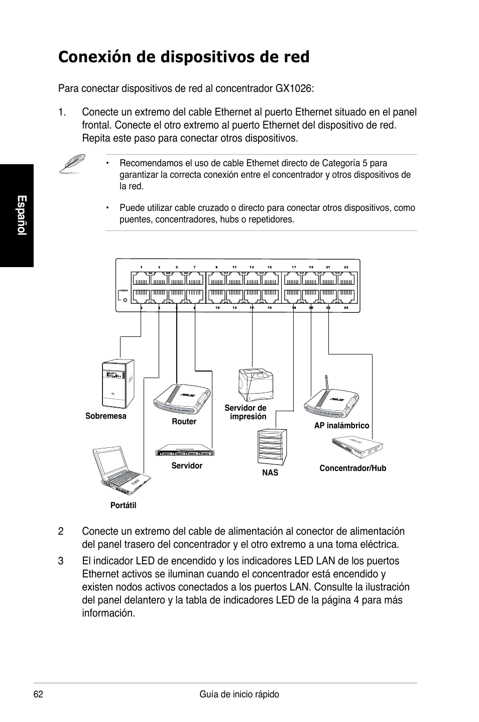 Conexión de dispositivos de red, Es pa ño l | Asus GX1026 User Manual | Page 63 / 73