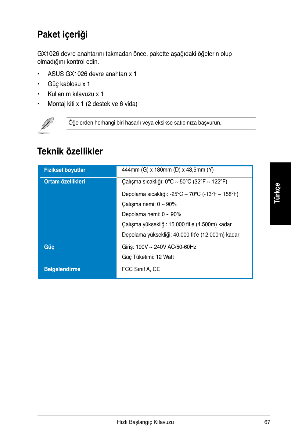 Paket içeriği, Teknik özellikler | Asus GX1026 User Manual | Page 68 / 73