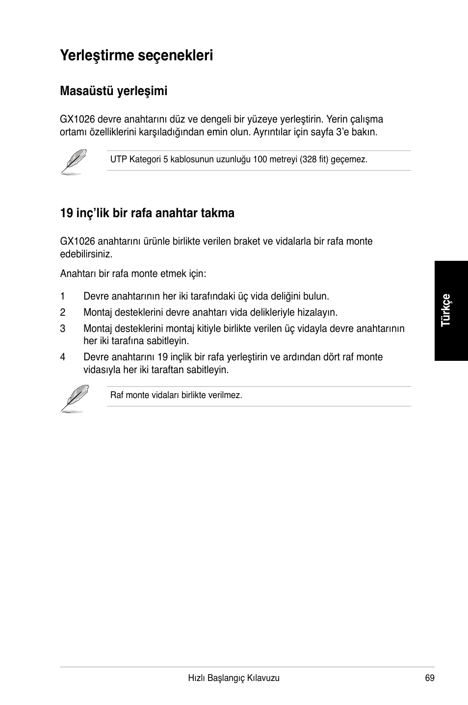 Yerleştirme seçenekleri, Masaüstü yerleşimi, 19 inç’lik bir rafa anahtar takma | Asus GX1026 User Manual | Page 70 / 73