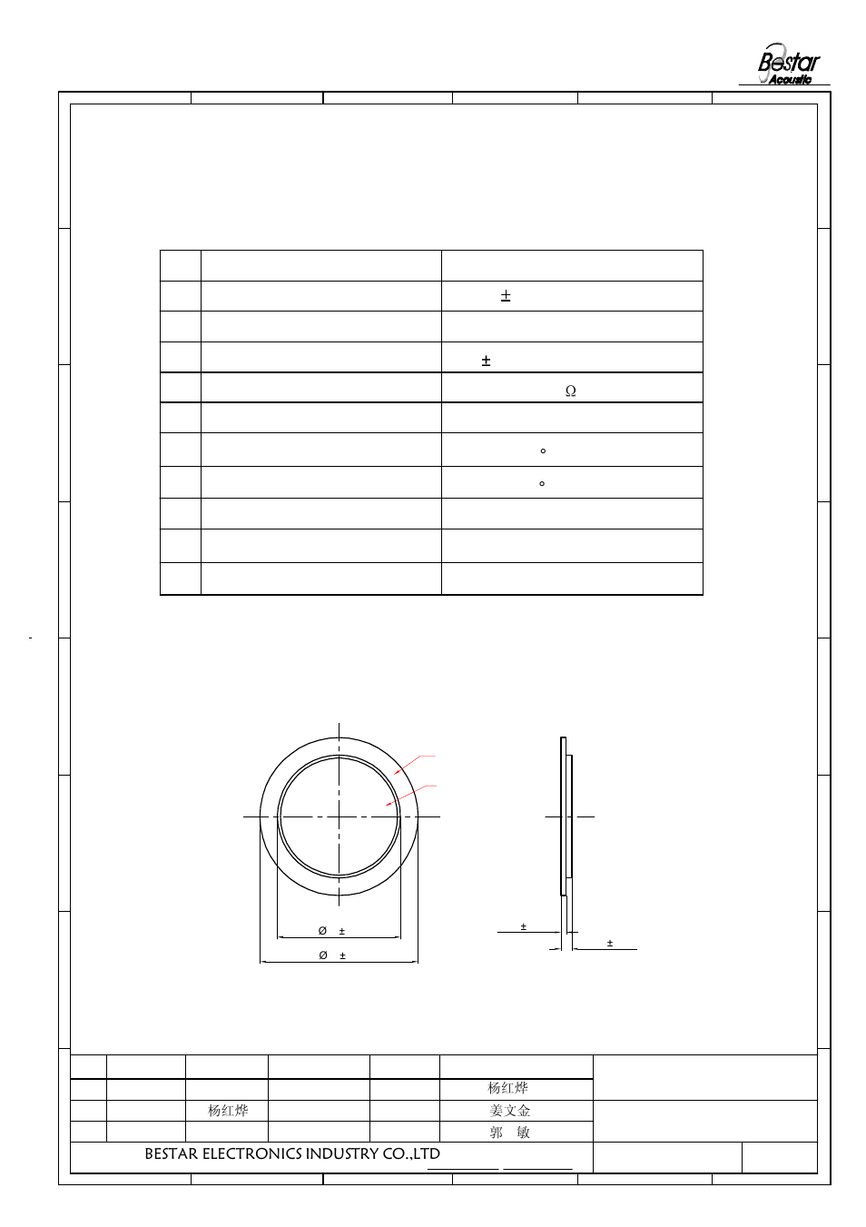 Dimension, Electrical characteristics, Bestar electronics industry co.,ltd | 郭 敏 姜文金 杨红烨 杨红烨, Piezo ceramic element 2 1 | BeStar FT-27T-4.3A1 User Manual | Page 2 / 5