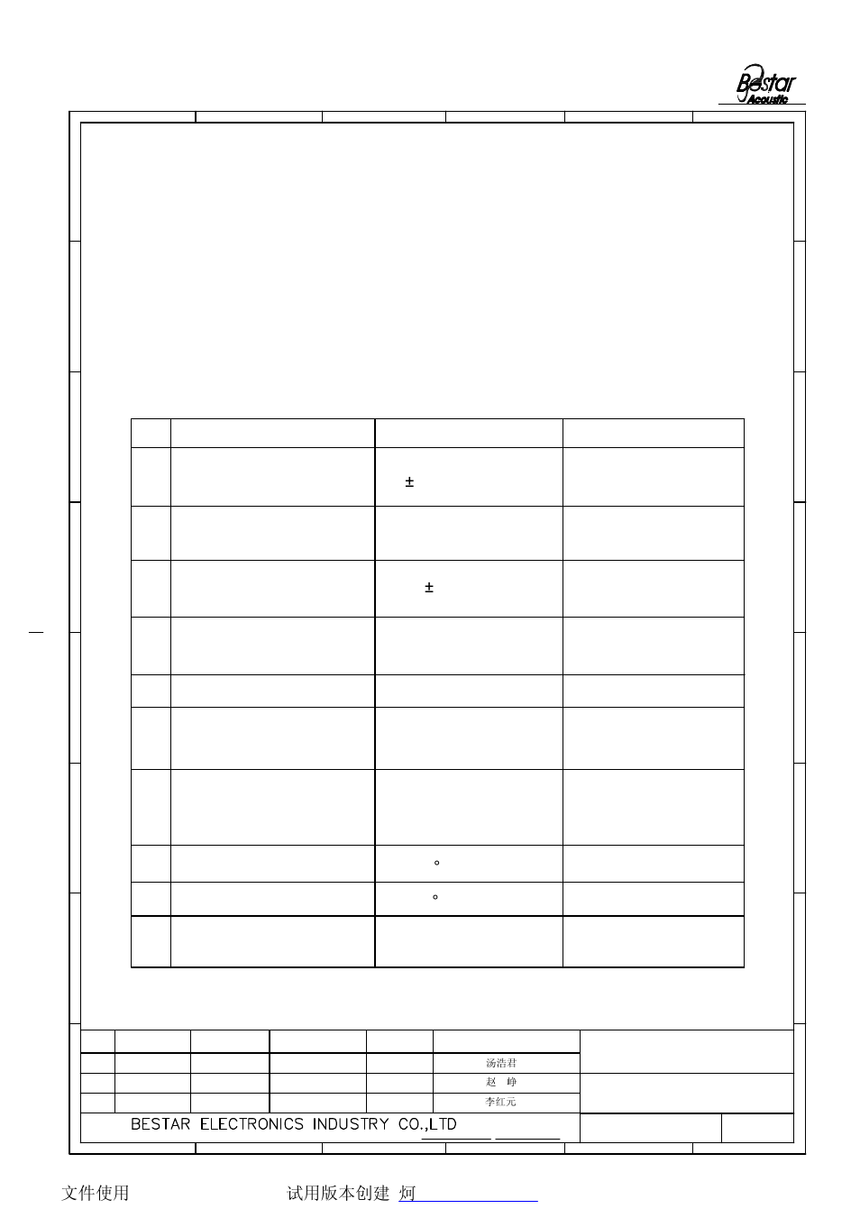 Electrical characteristics, Brass metallic supporter, Static capacitance resonant impedance no. 1 | Resonant frequency item, At 1khz/1v, Condition, Piezo ceramic element, See page 3 &3.2a | BeStar FT-27T-6.3A1W050 User Manual | Page 2 / 8