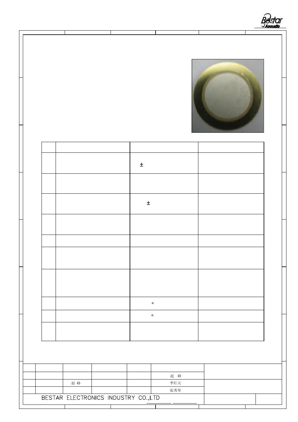 Electrical characteristics, Brass metallic supporter, Static capacitance resonant impedance no. 1 | Resonant frequency item, At 120hz/1v, Condition, Piezo ceramic element, See page 3 &3.2a | BeStar FT-20T-4.3A1 User Manual | Page 2 / 8