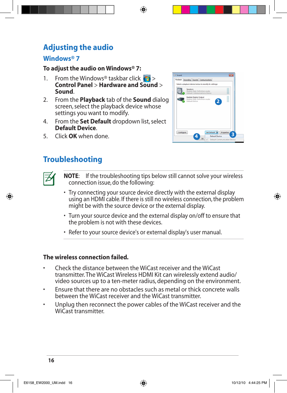 Adjusting the audio, Troubleshooting | Asus EW2000 User Manual | Page 16 / 24