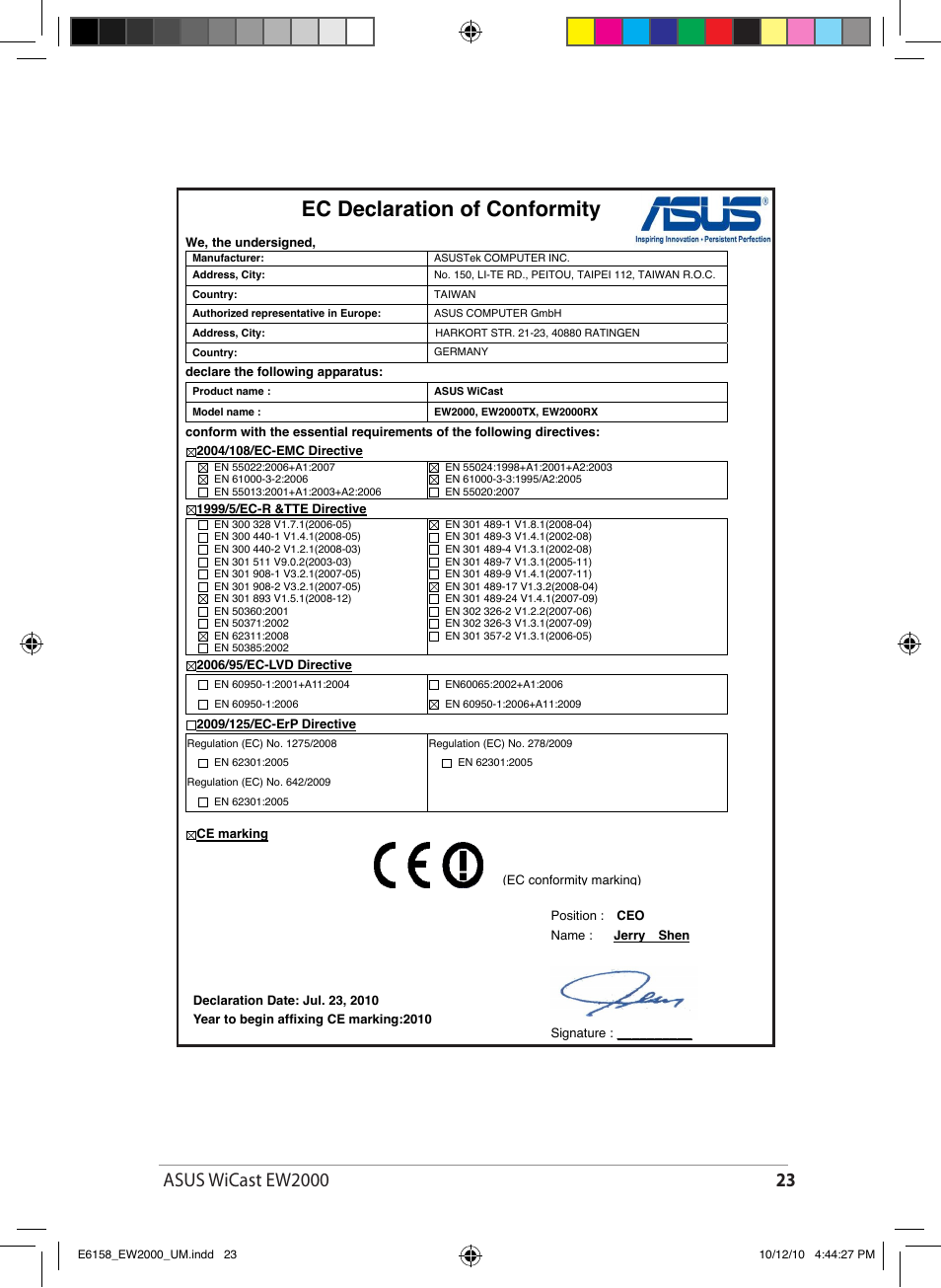 Ec declaration of conformity | Asus EW2000 User Manual | Page 23 / 24