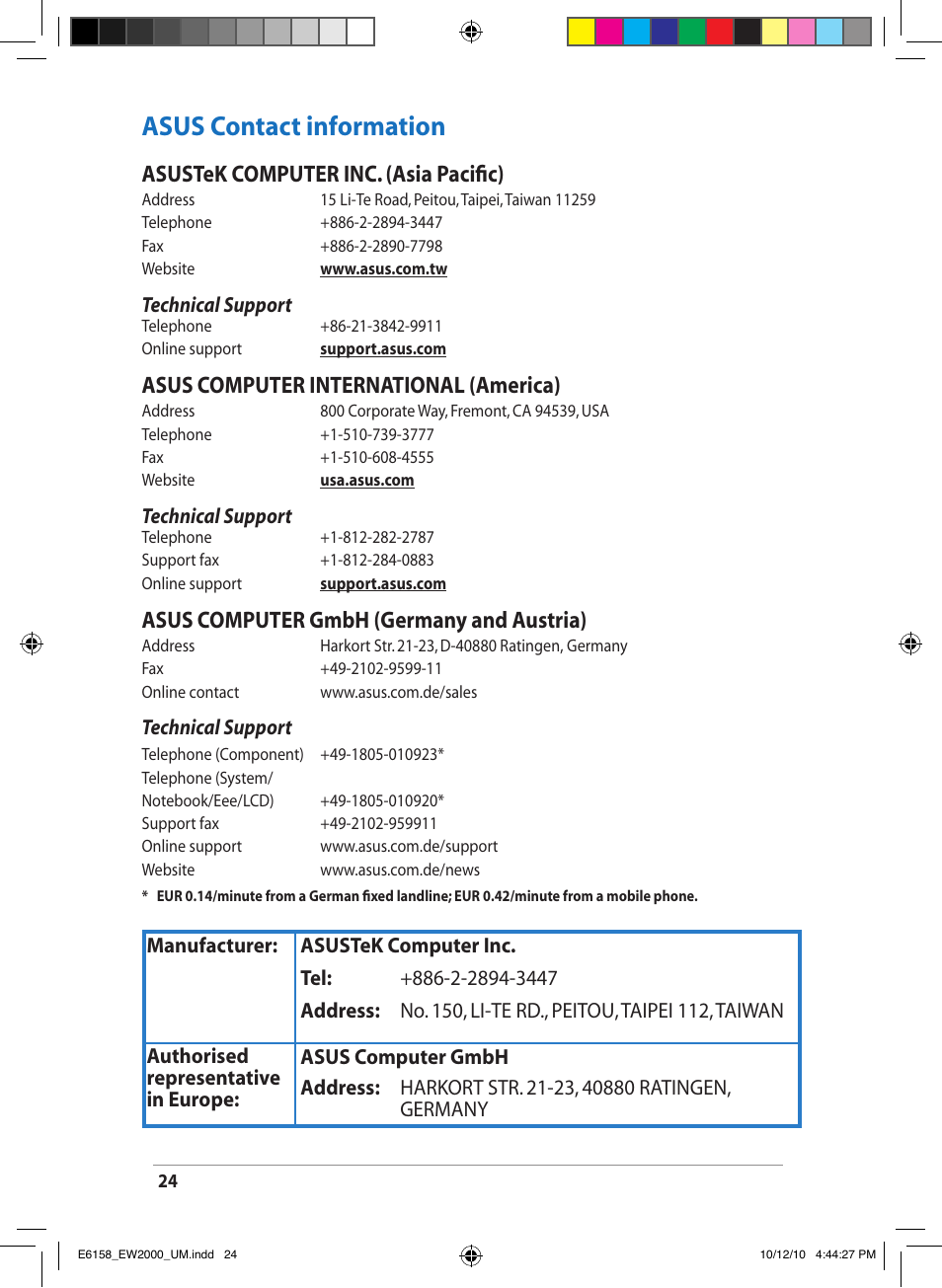 Asus contact information, Asustek computer inc. (asia pacific), Asus computer international (america) | Asus computer gmbh (germany and austria) | Asus EW2000 User Manual | Page 24 / 24