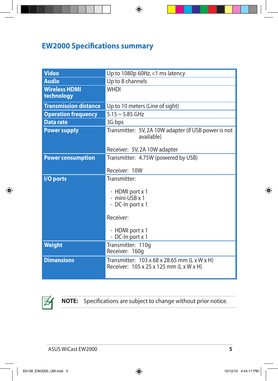 Ew2000 specifications summary | Asus EW2000 User Manual | Page 5 / 24