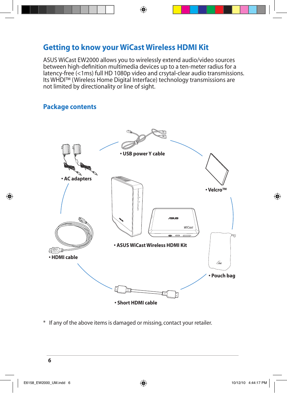 Getting to know your wicast wireless hdmi kit, Package contents | Asus EW2000 User Manual | Page 6 / 24