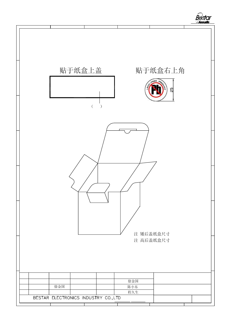 G/star-28x, 贴于纸盒右上角, 贴于纸盒上盖 | G/star-28 lf, 矮后盖纸盒尺寸, 高后盖纸盒尺寸, Or x=w(white), 陈小东 徐金国, 程久生 徐金国 | BeStar Gstar-28 LF User Manual | Page 5 / 8