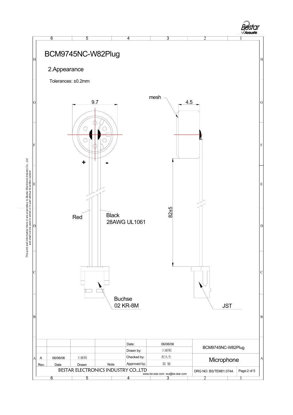 Microphone, Appearance, Buchse 02 kr-8m | Mesh 4.5, Bestar electronics industry co.,ltd, Tolerances: ±0.2mm | BeStar BCM9745NC-W82PLUG User Manual | Page 3 / 6