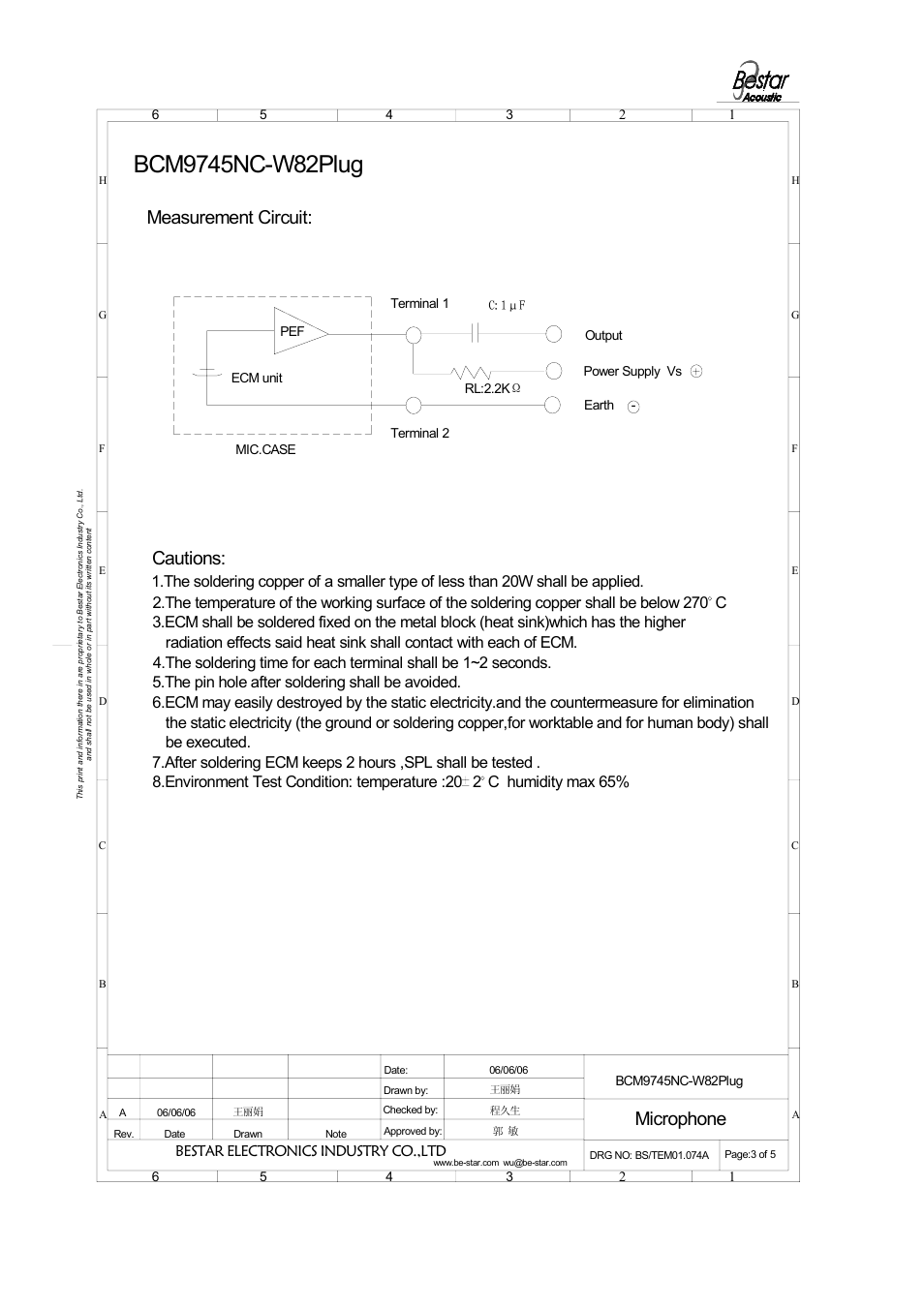 Cautions, Microphone, Measurement circuit | Bestar electronics industry co.,ltd | BeStar BCM9745NC-W82PLUG User Manual | Page 4 / 6