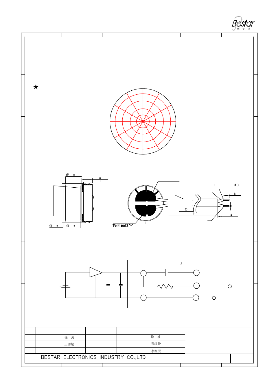 Microphone, Angular response, Measurement circuit | Drawing, C:1μ | BeStar BCM6022OLFC-40 User Manual | Page 3 / 6