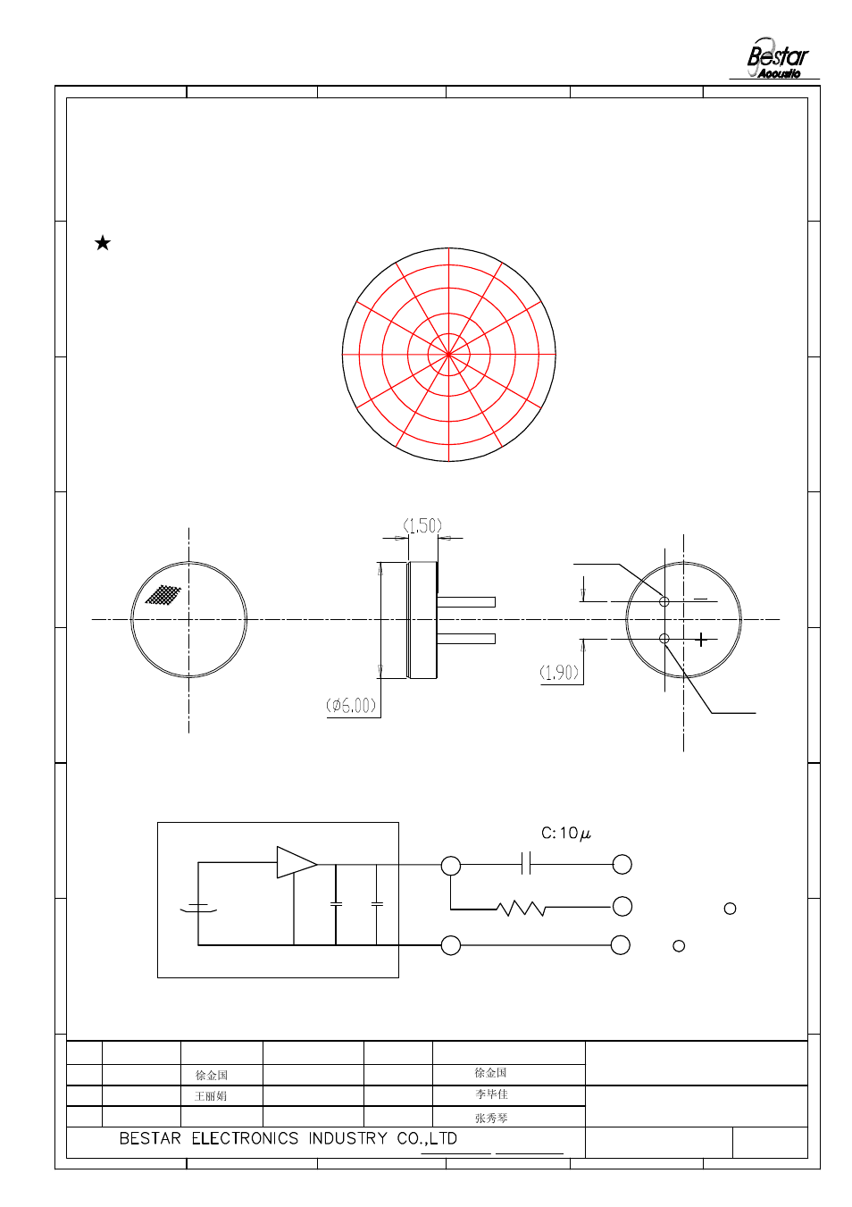 Microphone, Angular response, Measurement circuit | Drawing | BeStar BCM6015OPBC-42 User Manual | Page 3 / 6