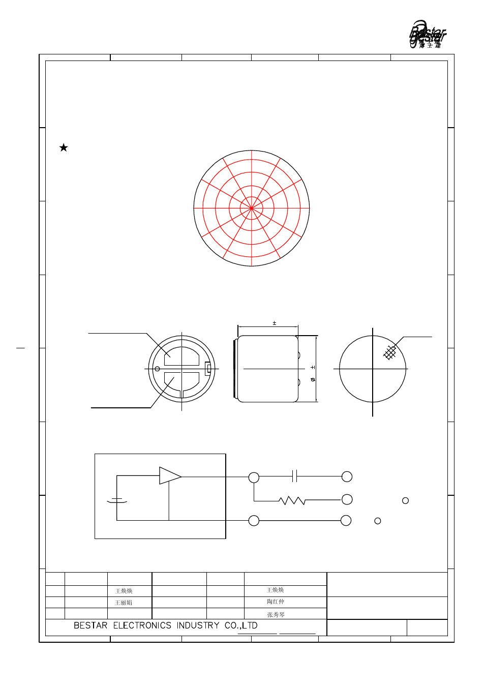Microphone, Angular response, Measurement circuit | Drawing, Terminal 2 ground terminal 1 output filter | BeStar BCM6052OF-42 User Manual | Page 3 / 6
