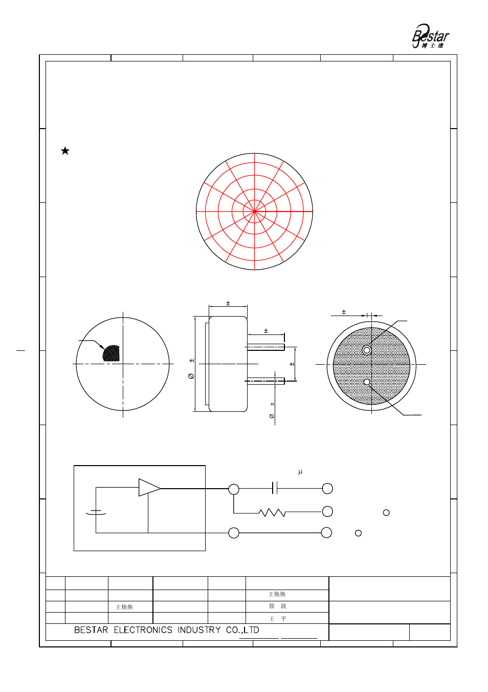 Microphone, Angular response, Drawing | Measurement circuit, Filter | BeStar BCM6027OPF-38 User Manual | Page 3 / 6