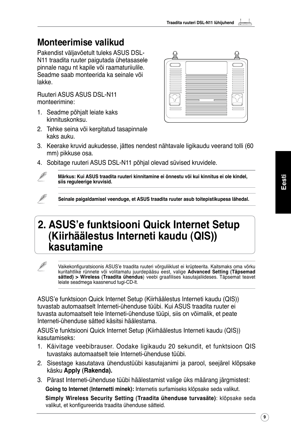 Monteerimise valikud | Asus DSL-N11 User Manual | Page 15 / 40