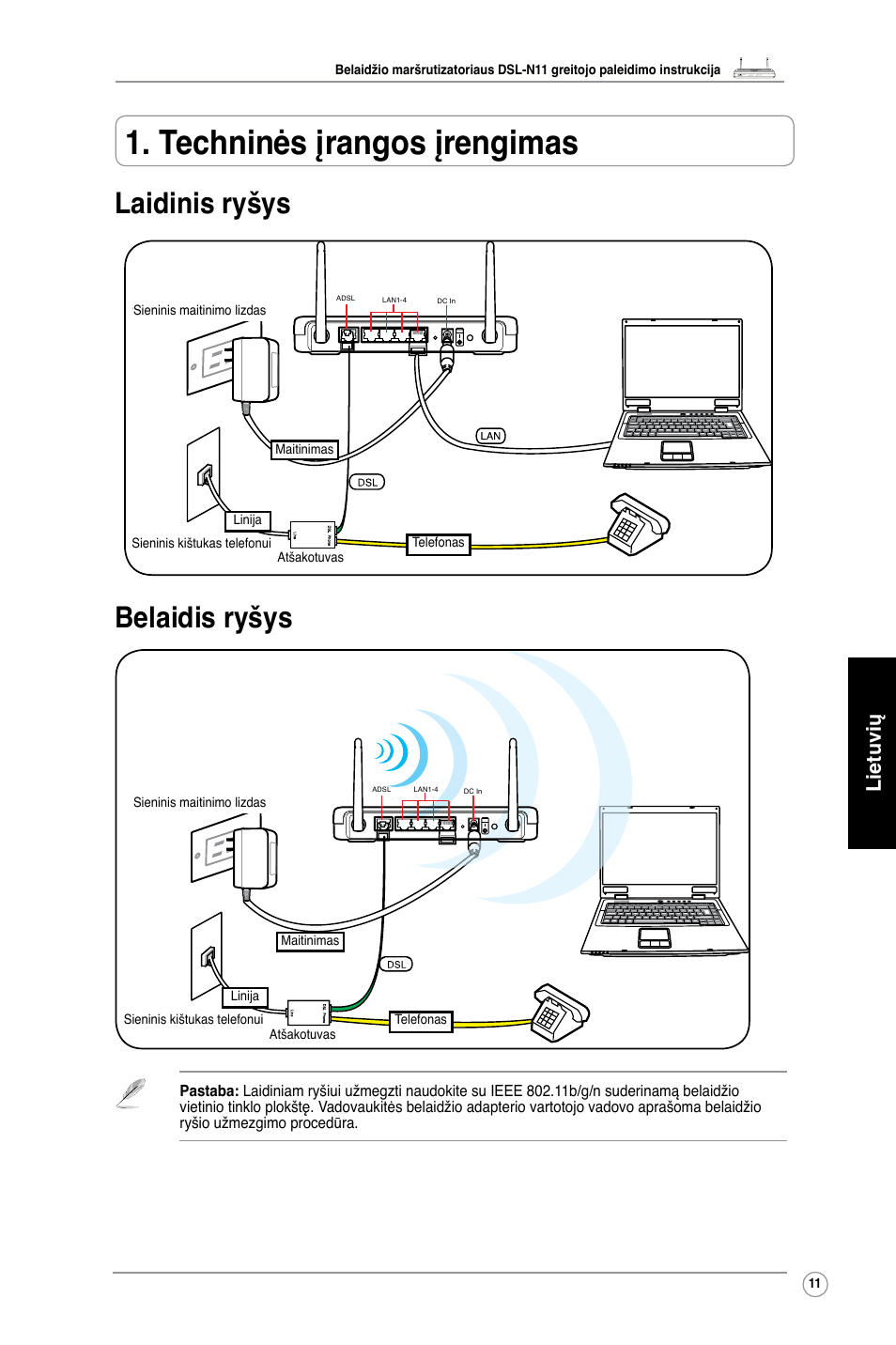 Techninės įrangos įrengimas, Laidinis ryšys belaidis ryšys, Lietuvių | Asus DSL-N11 User Manual | Page 17 / 40