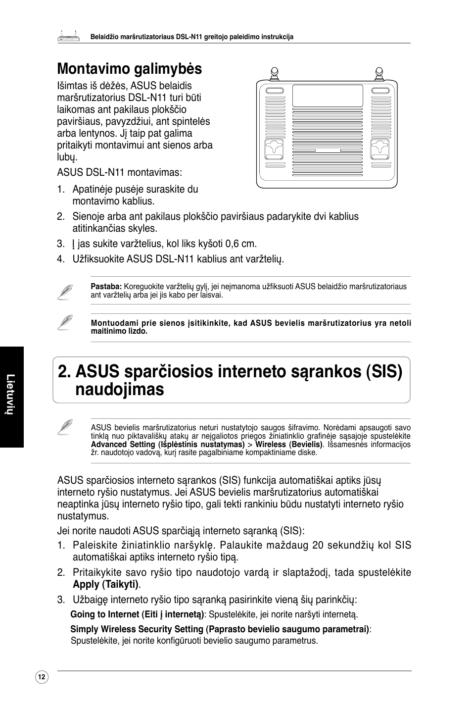 Montavimo galimybės | Asus DSL-N11 User Manual | Page 18 / 40