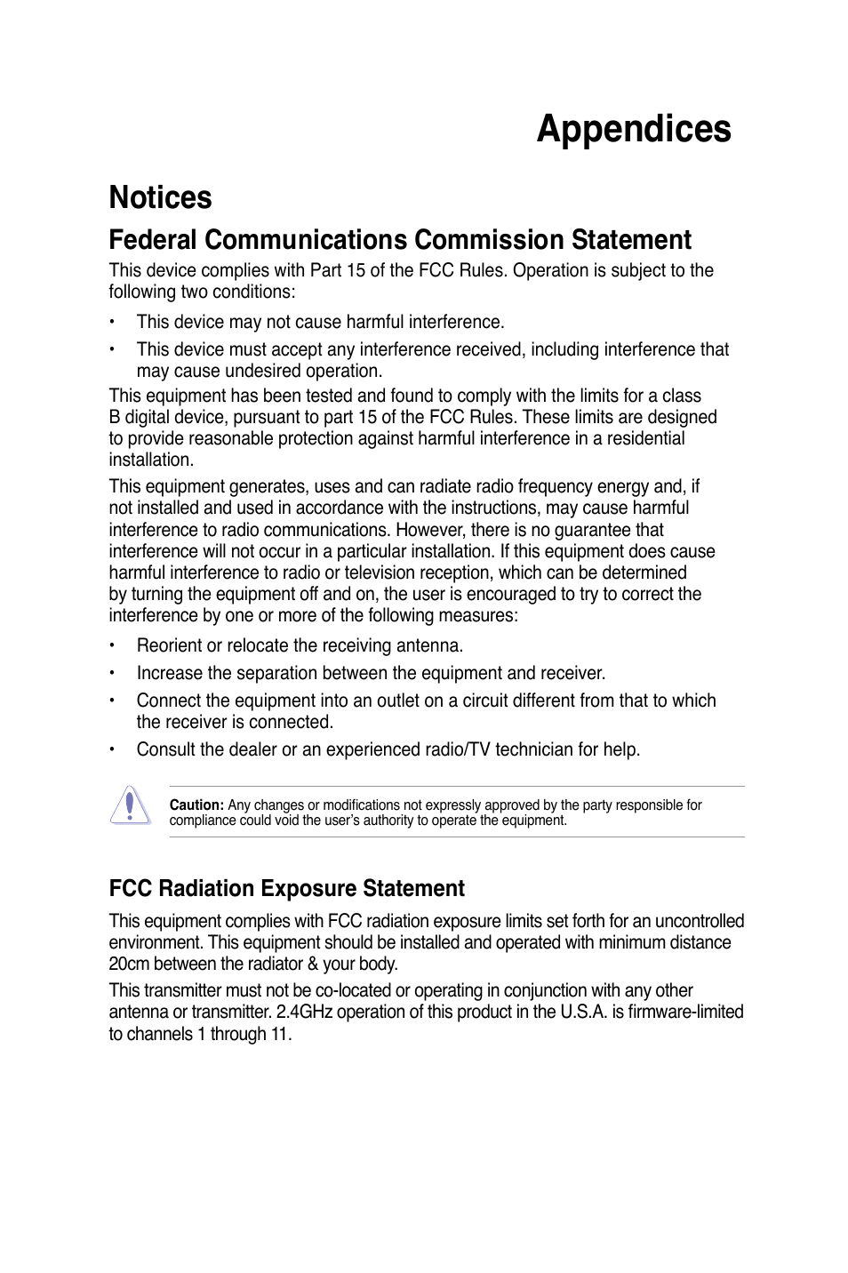 Appendices, Notices, Federal communications commission statement | Fcc radiation exposure statement | Asus DSL-N11 User Manual | Page 2 / 40