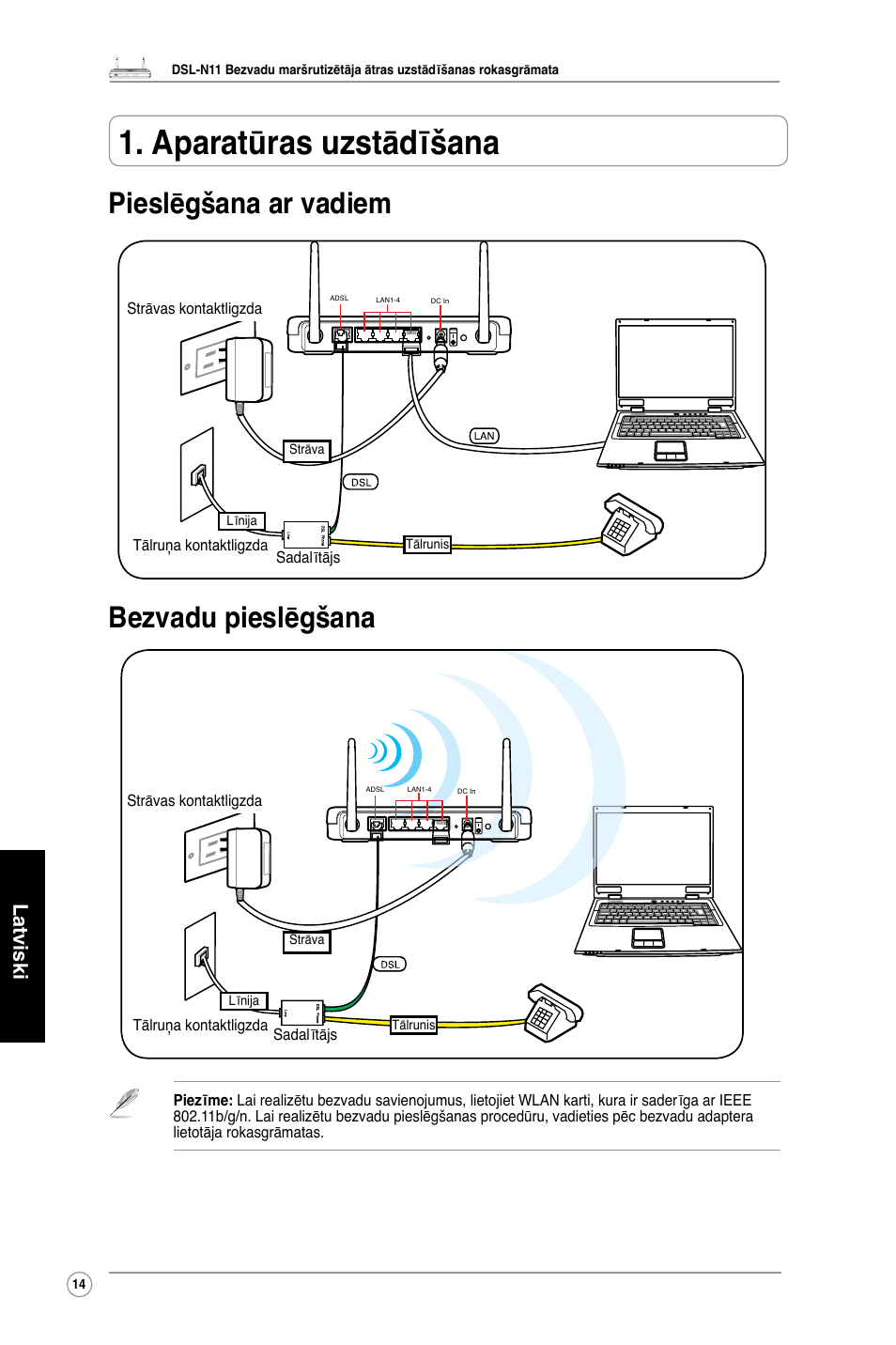 Aparatūras uzstādīšana, Pieslēgšana ar vadiem bezvadu pieslēgšana, Latviski | Asus DSL-N11 User Manual | Page 20 / 40