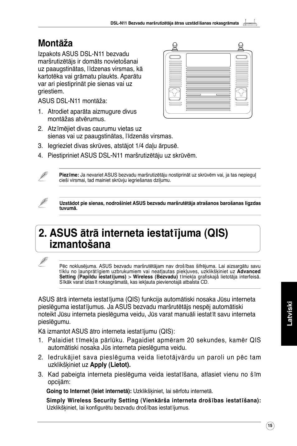 Asus ātrā interneta iestatījuma (qis) izmantošana, Montāža | Asus DSL-N11 User Manual | Page 21 / 40