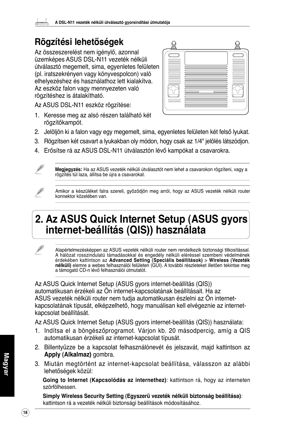 Rögzítési lehetőségek | Asus DSL-N11 User Manual | Page 24 / 40