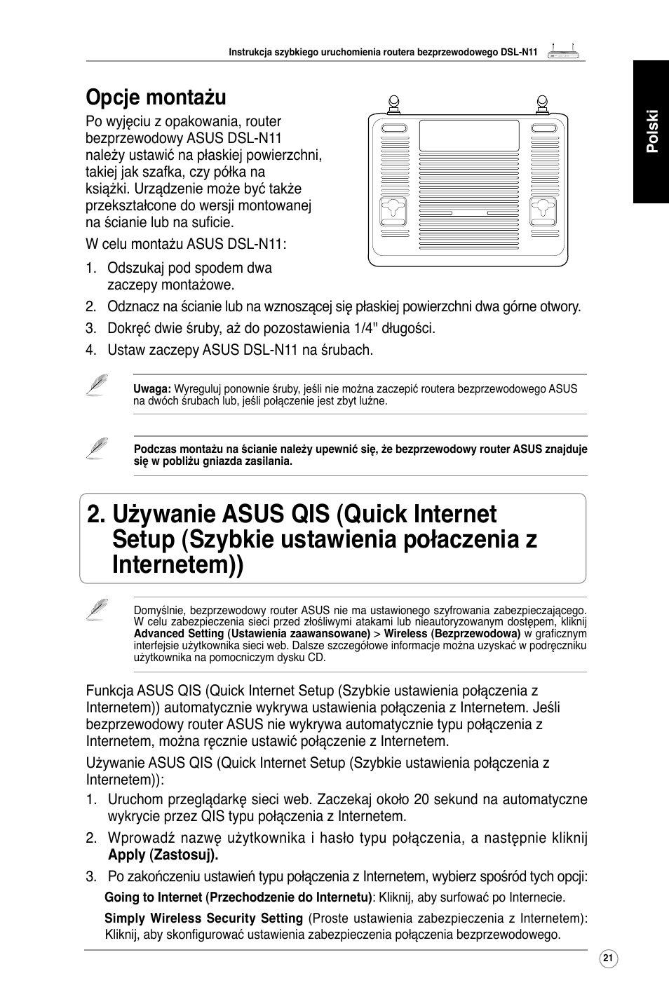 Opcje montażu | Asus DSL-N11 User Manual | Page 27 / 40