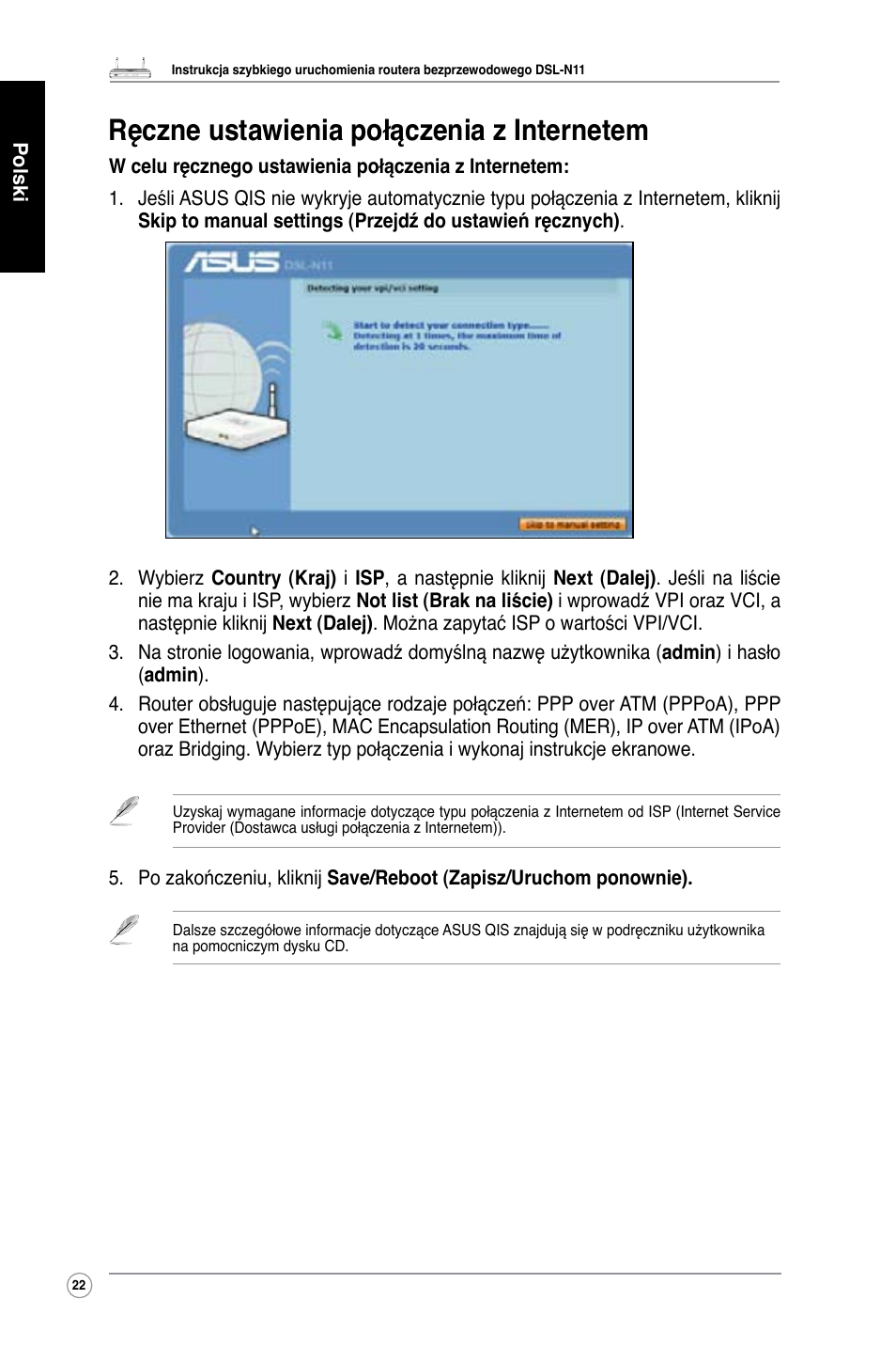 Ręczne ustawienia połączenia z internetem | Asus DSL-N11 User Manual | Page 28 / 40