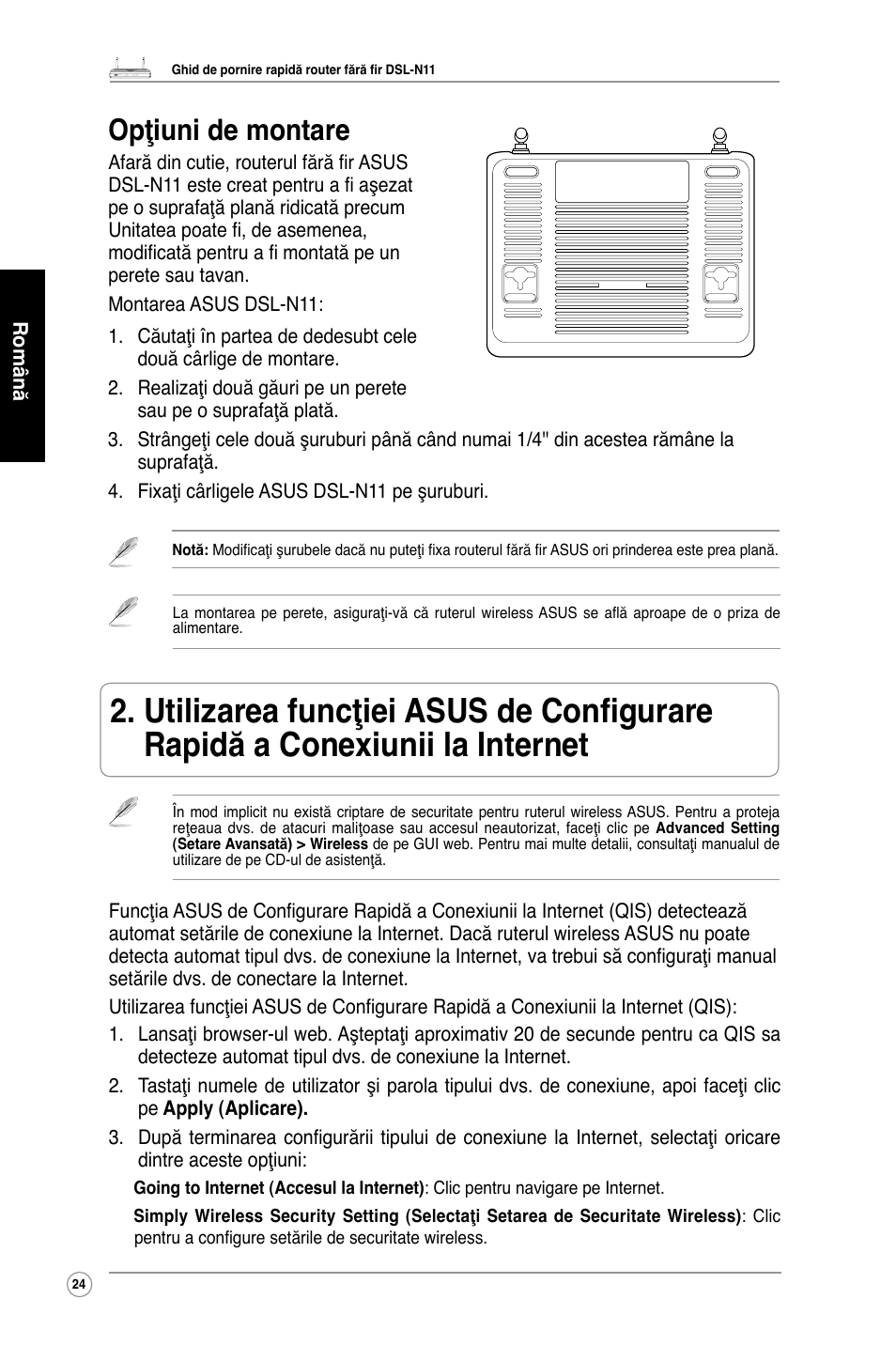 Opţiuni de montare | Asus DSL-N11 User Manual | Page 30 / 40