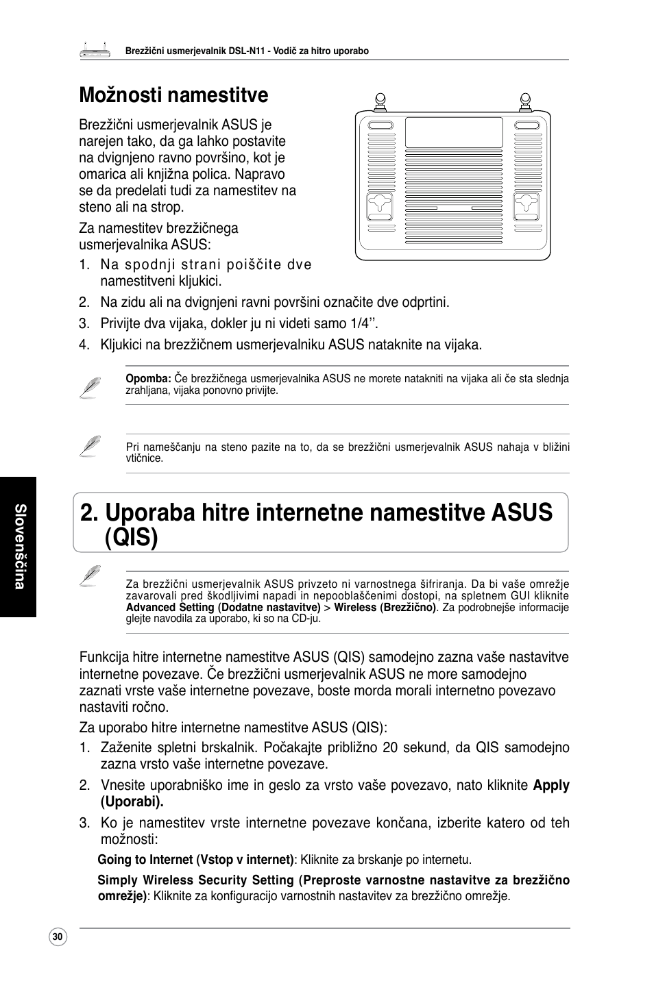 Uporaba hitre internetne namestitve asus (qis), Možnosti namestitve | Asus DSL-N11 User Manual | Page 36 / 40