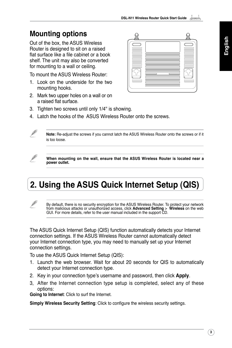 Using the asus quick internet setup (qis), Mounting options | Asus DSL-N11 User Manual | Page 9 / 40