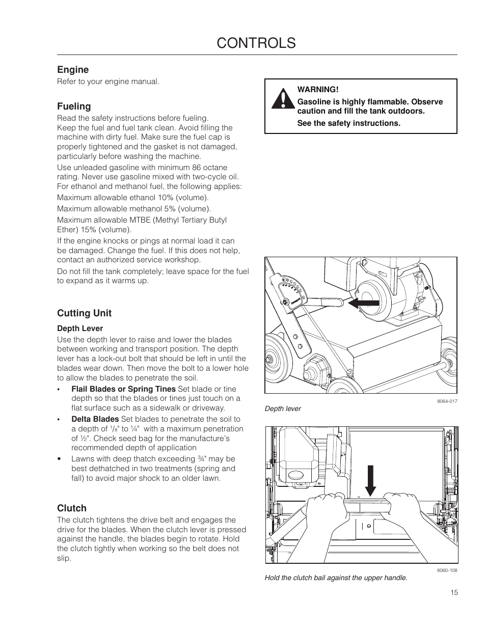 Engine, Fueling, Cutting unit | Depth lever, Clutch, Controls | BlueBird 966067901_S22B5DA User Manual | Page 15 / 32
