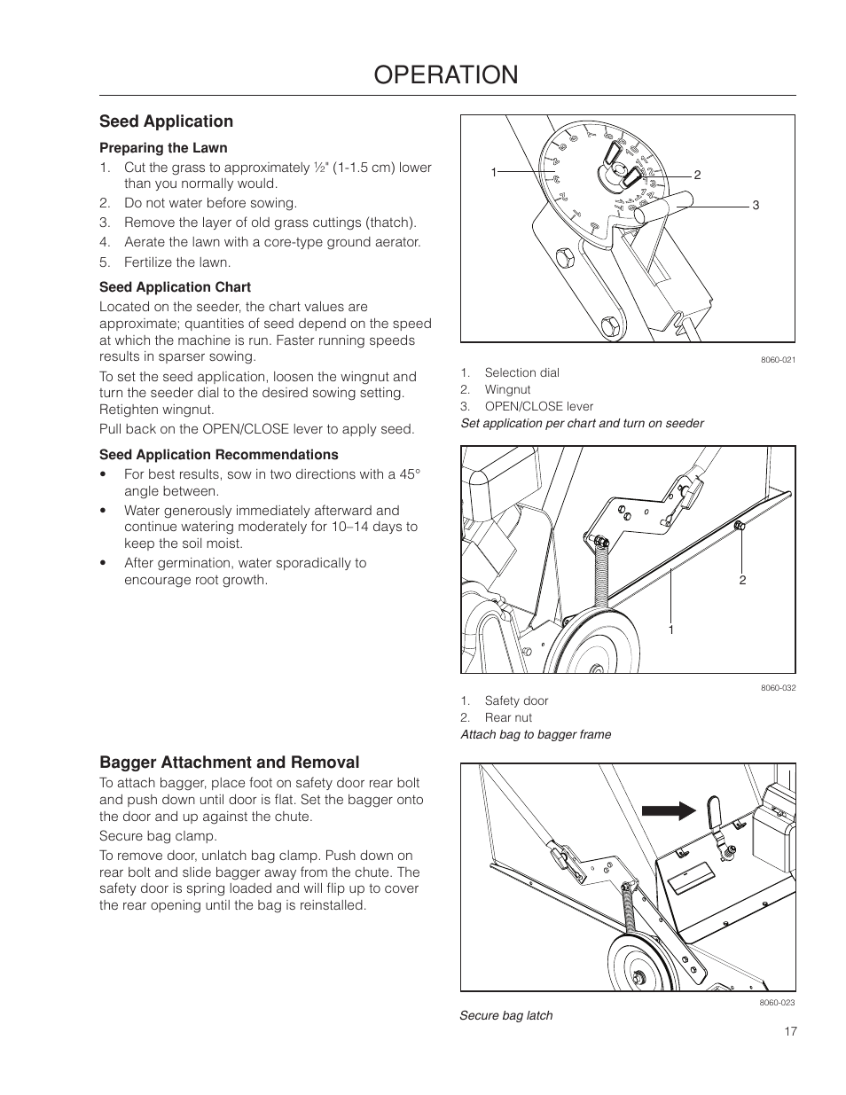 Operation, Seed application, Preparing the lawn | Seed application chart, Bagger attachment and removal | BlueBird 966067901_S22B5DA User Manual | Page 17 / 32
