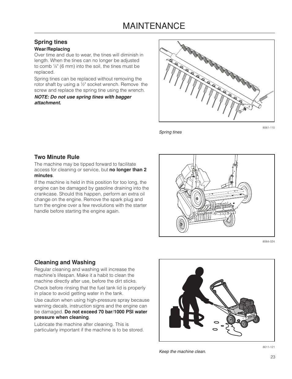 Spring tines, Wear/replacing, Two minute rule | Cleaning and washing, Maintenance | BlueBird 966067901_S22B5DA User Manual | Page 23 / 32