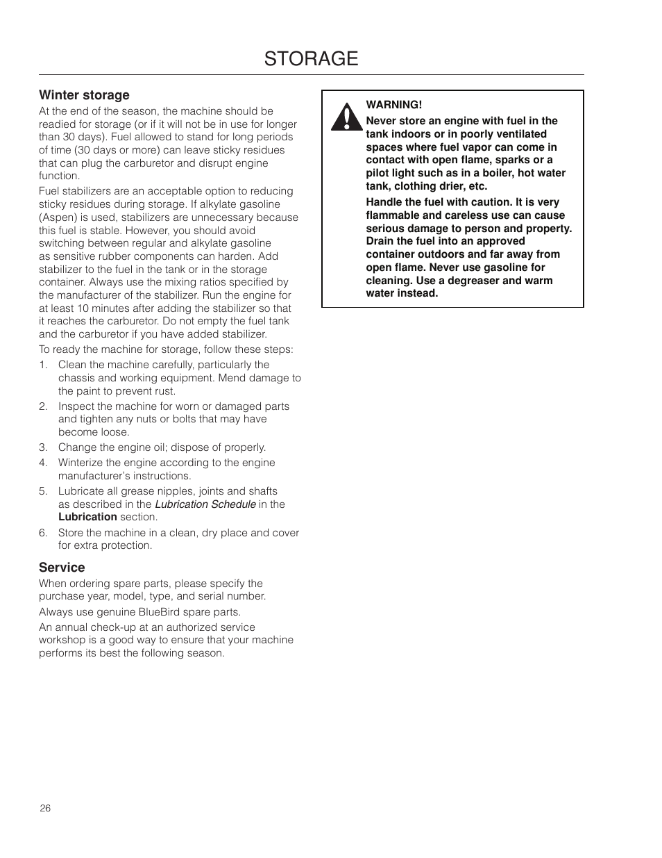 Storage, Winter storage, Service | BlueBird 966067901_S22B5DA User Manual | Page 26 / 32