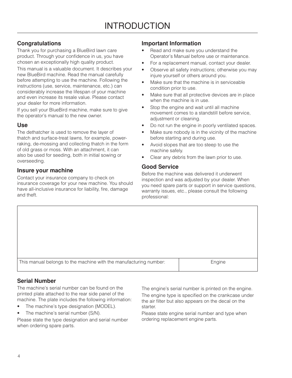 Introduction, Insure your machine, Important information | Good service, Serial number | BlueBird 966067901_S22B5DA User Manual | Page 4 / 32