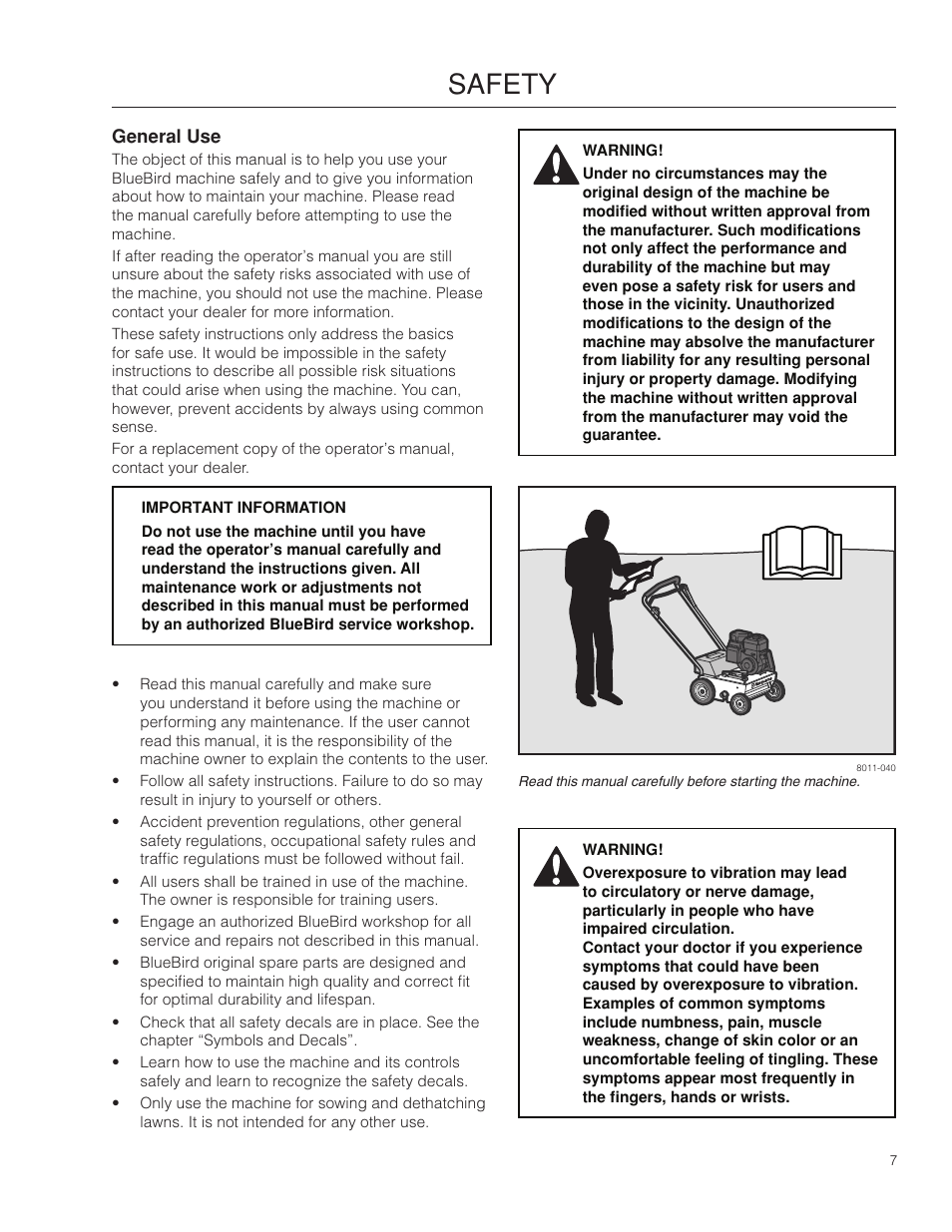 Safety, General use | BlueBird 966067901_S22B5DA User Manual | Page 7 / 32